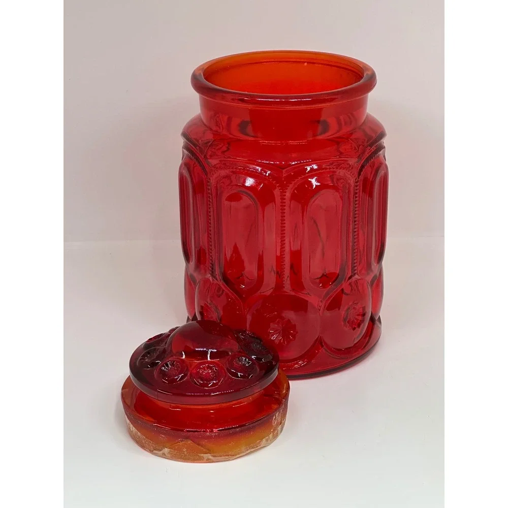 VTG LE Smith Canister Red Moon and Star Pattern Glass Kitchen Storage Jar 9.5in